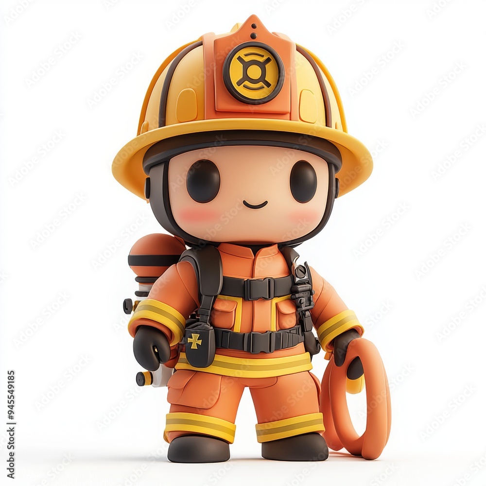 Cute Cartoon Firefighter Character in Uniform with Helmet and Hose Cute Cartoon Firefighter Character in Uniform with Helmet and Hose