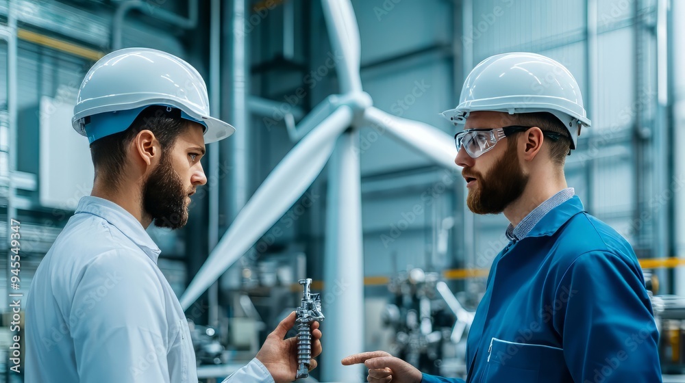 Two engineers discussing project details in a wind turbine facility, showcasing teamwork and innovation in renewable energy.