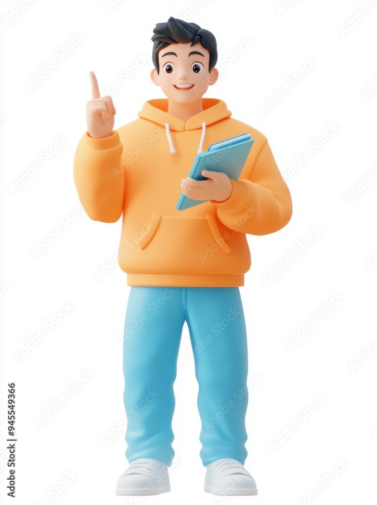 Featured in this 3D illustration is an Asian man, Qadir, who is reading a book. The image is rendered on a white background. Featured in this 3D illustration is an Asian man, Qadir, who is reading a book. The image is rendered on a white background.