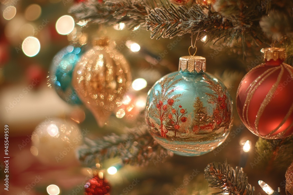 A close-up view of various colorful Christmas tree ornaments, including hand-painted glass baubles A close-up view of various colorful Christmas tree ornaments, including hand-painted glass baubles