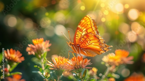 Orange butterflies flying in the garden. spreading wings butterfly on a leaf