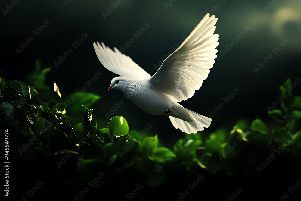 A serene white dove in flight with lush green foliage in the background, capturing nature's beauty and peace. A serene white dove in flight with lush green foliage in the background, capturing nature's beauty and peace.