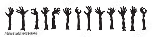 Zombie hands silhouettes. Halloween decor. Set doodle zombie hand