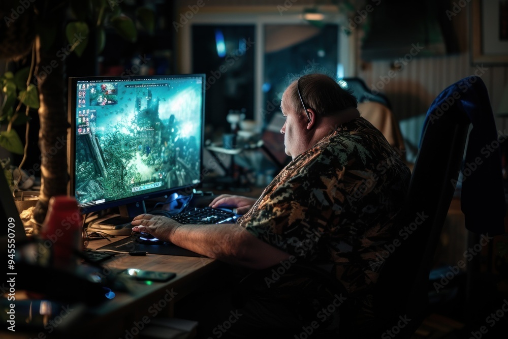Overweight man sitting at desk playing video game. Male with bad habits is sitting in front of computer