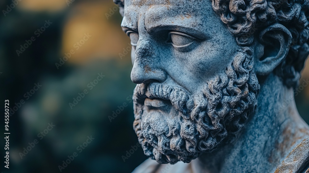 Detailed view of a classical statue featuring a bearded figure in a garden Detailed view of a classical statue featuring a bearded figure in a garden