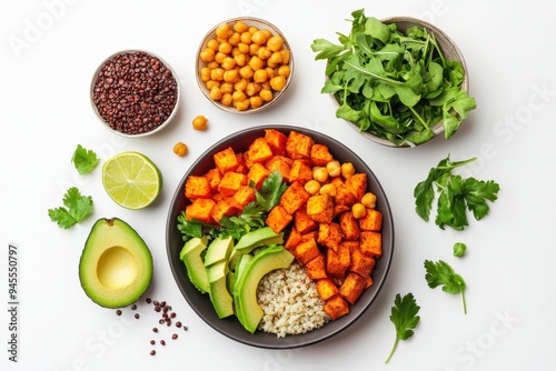 A colorful bowl of healthy ingredients including sweet potatoes, avocado, and chickpeas.