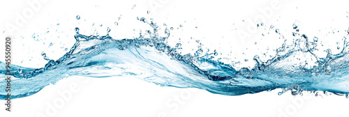 Dynamic blue water wave with isolated splashes and droplets on a white background