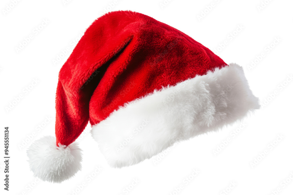 Red Santa hat with white pom pom floating on a bright background for the holidays Red Santa hat with white pom pom floating on a bright background for the holidays