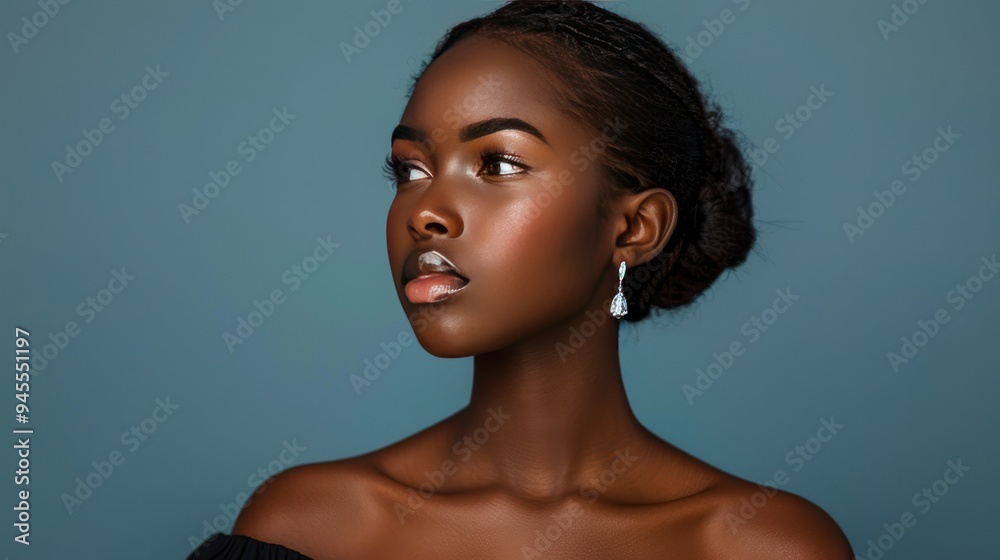 a young woman in a sleek black dress, showcasing a pair of diamond earrings that catch the light beautifully, her expression exuding confidence and elegance. a young woman in a sleek black dress, showcasing a pair of diamond earrings that catch the light beautifully, her expression exuding confidence and elegance.