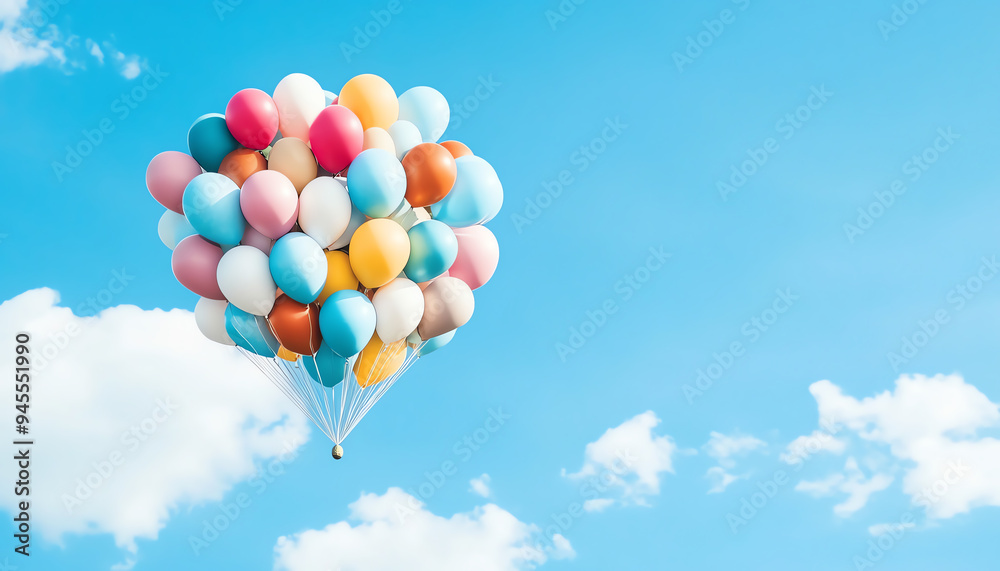 Fototapeta premium Colorful balloons floating in a clear blue sky with fluffy white clouds, creating a joyful and uplifting atmosphere.