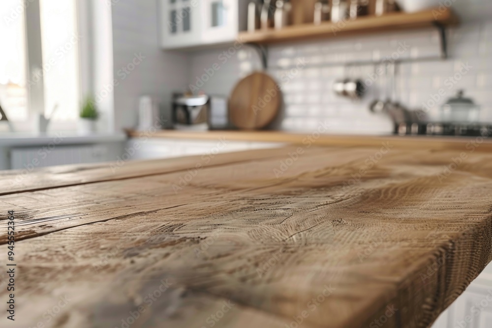 A wooden table placed near a kitchen window, perfect for breakfast or casual dining A wooden table placed near a kitchen window, perfect for breakfast or casual dining