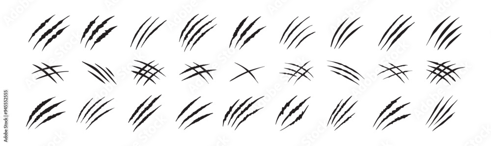 Claw scratches isolated. Black Bear tiger claws trails, animal scratched white paper. Flat scratch marks, racy wild beast tracks clipart