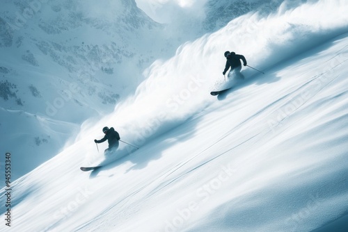 photo of two snowboarders riding down the side of a mountain