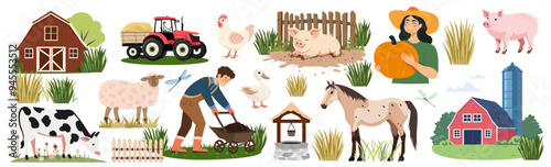 Farm Life. Domestic animals such as a cow, horse, pig, and chicken, along with agricultural equipment and rural buildings. Vector illustration in flat style, isolated on a white background