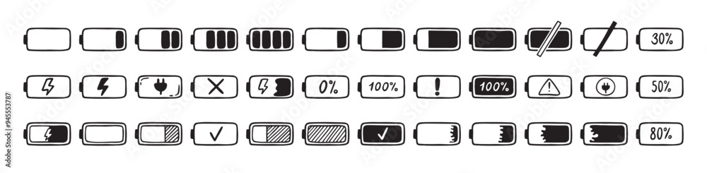 Mobile battery doodle Hand drawn set. Collection pen ink pencil drawing sketches connection indicator isolated. low or high energy charge Mobile battery doodle Hand drawn set. Collection pen ink pencil drawing sketches connection indicator isolated. low or high energy charge