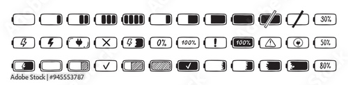 Mobile battery doodle Hand drawn set. Collection pen ink pencil drawing sketches connection indicator isolated. low or high energy charge
