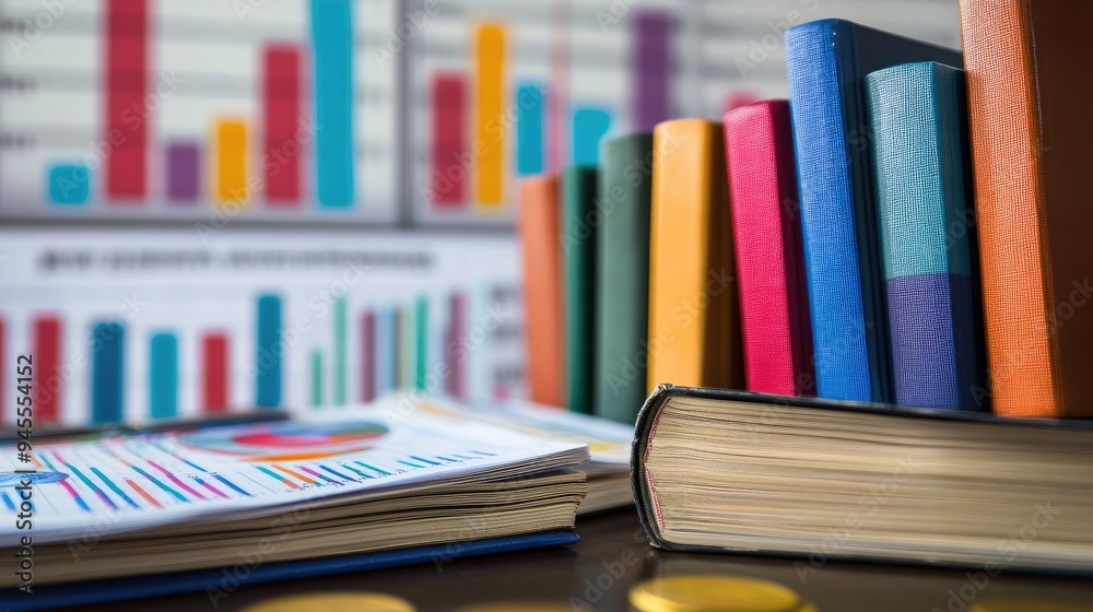 A stack of books on economics and finance, with charts and graphs in the background A stack of books on economics and finance, with charts and graphs in the background