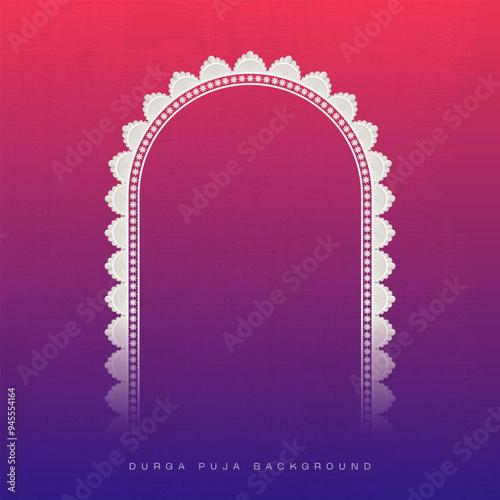 Durga Puja Banner with Arch, Decorative Frame, and Festive Border Featuring Goddess Durga. Includes Happy Durga Puja and Sale Promotion. Ideal for Navratri, Ganesh Chaturthi	
