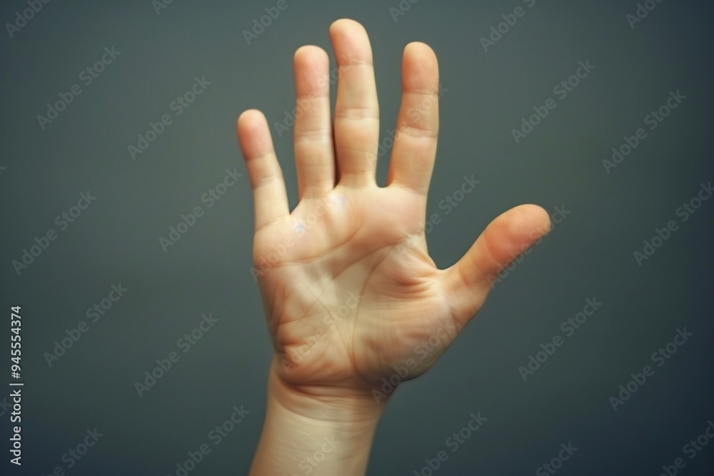 Hand showing five fingers up on grey background. Stop gesture. Non Speaking Non verbal Awareness Day Hand showing five fingers up on grey background. Stop gesture. Non Speaking Non verbal Awareness Day