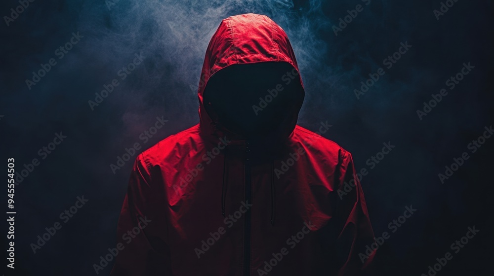 Shadowy figure in a red jacket, face obscured, creating an air of mystery and intrigue in a dimly lit setting. Shadowy figure in a red jacket, face obscured, creating an air of mystery and intrigue in a dimly lit setting.