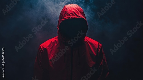 Shadowy figure in a red jacket, face obscured, creating an air of mystery and intrigue in a dimly lit setting.