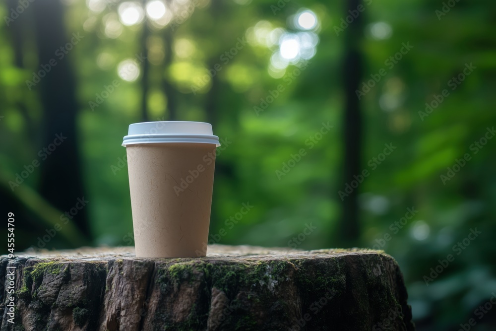 Disposable coffee cup sitting on a tree stump in a forest Disposable coffee cup sitting on a tree stump in a forest