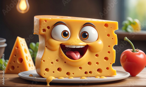 A happy cheese wedge smiles with its tongue sticking out, sitting on a white plate with another cheese wedge and a red pepper in the background