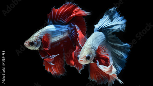 Two Siamese Fighting Fish with Red and Blue Fins in Black Background