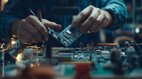 Close-up of hands assembling custom computer hardware in a workshop setting.