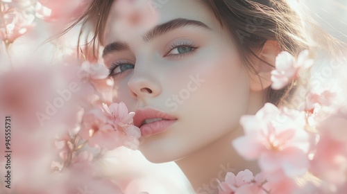 Soft, dreamy portrait of a woman surrounded by pink flowers, blending natural beauty with gentle, pastel tones.