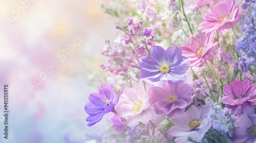 Soft, pastel backdrop with a bouquet of purple and pink flowers, capturing gentle beauty and vibrant colors.