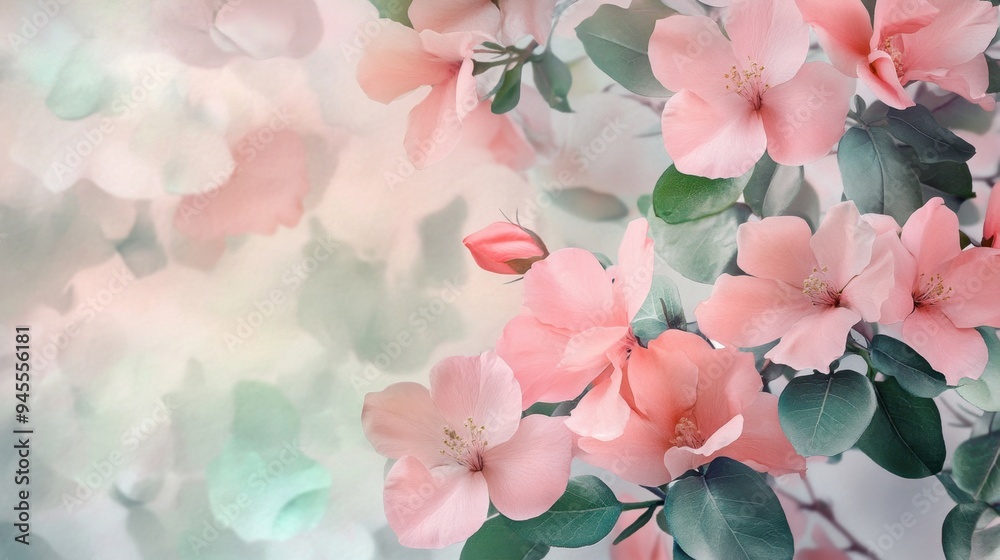 Soft pink flowers intertwined with green leaves, forming a delicate, nature-inspired backdrop in soothing colors. Soft pink flowers intertwined with green leaves, forming a delicate, nature-inspired backdrop in soothing colors.