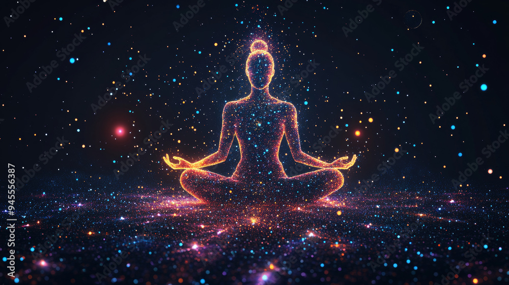 This abstract image portrays a woman yogi sitting in the lotus pose, formed by an intricate constellation of points, lines, and shapes. The figure appears as though it is composed of the night sky. This abstract image portrays a woman yogi sitting in the lotus pose, formed by an intricate constellation of points, lines, and shapes. The figure appears as though it is composed of the night sky.