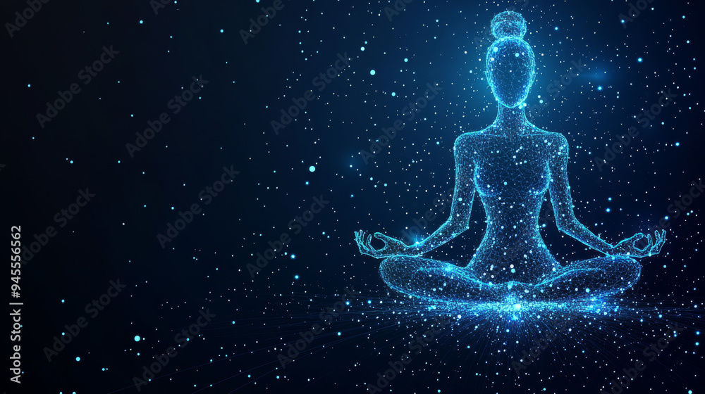 This abstract image portrays a woman yogi sitting in the lotus pose, formed by an intricate constellation of points, lines, and shapes. The figure appears as though it is composed of the night sky. This abstract image portrays a woman yogi sitting in the lotus pose, formed by an intricate constellation of points, lines, and shapes. The figure appears as though it is composed of the night sky.