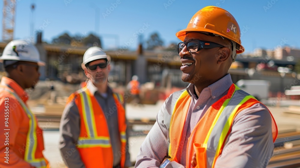 a construction engineer discussing project details with a team of workers on-site, emphasizing teamwork and leadership in construction projects. a construction engineer discussing project details with a team of workers on-site, emphasizing teamwork and leadership in construction projects.