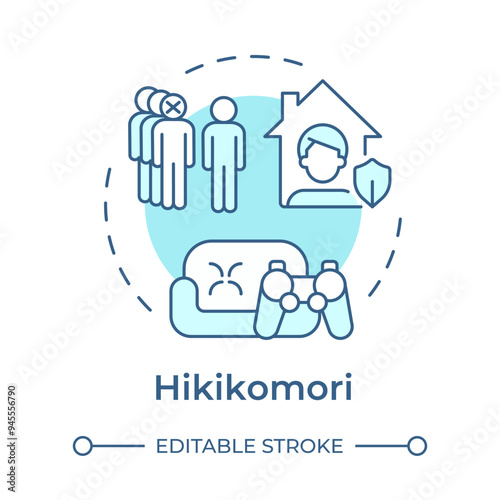 Hikikomori soft blue concept icon. Self isolation, mental wellbeing. Solitude, lonely. Round shape line illustration. Abstract idea. Graphic design. Easy to use in infographic, presentation