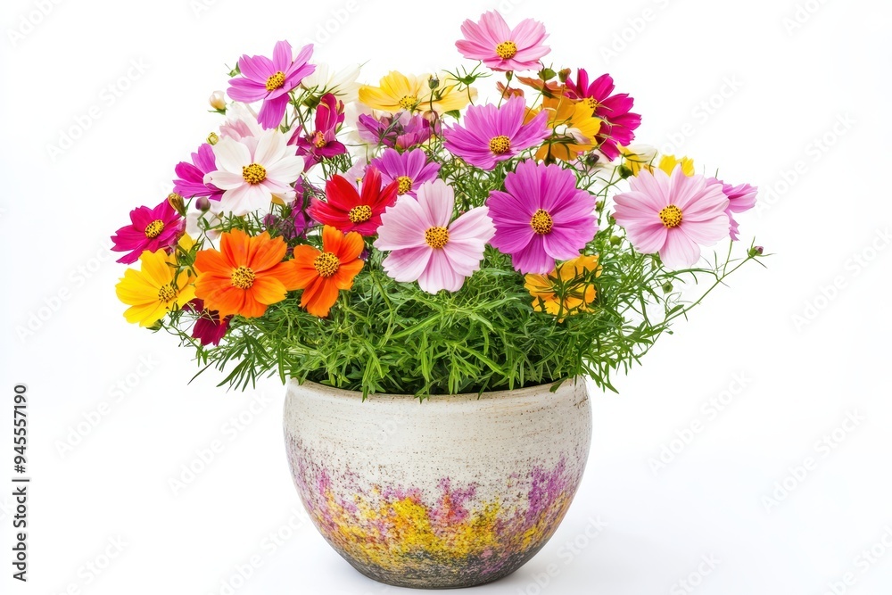 A vibrant bouquet of colorful flowers in a decorative pot. A vibrant bouquet of colorful flowers in a decorative pot.