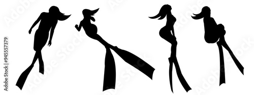 Vector set silhouette of Snorkeling, free diving, Isolated background. Vector illustration.