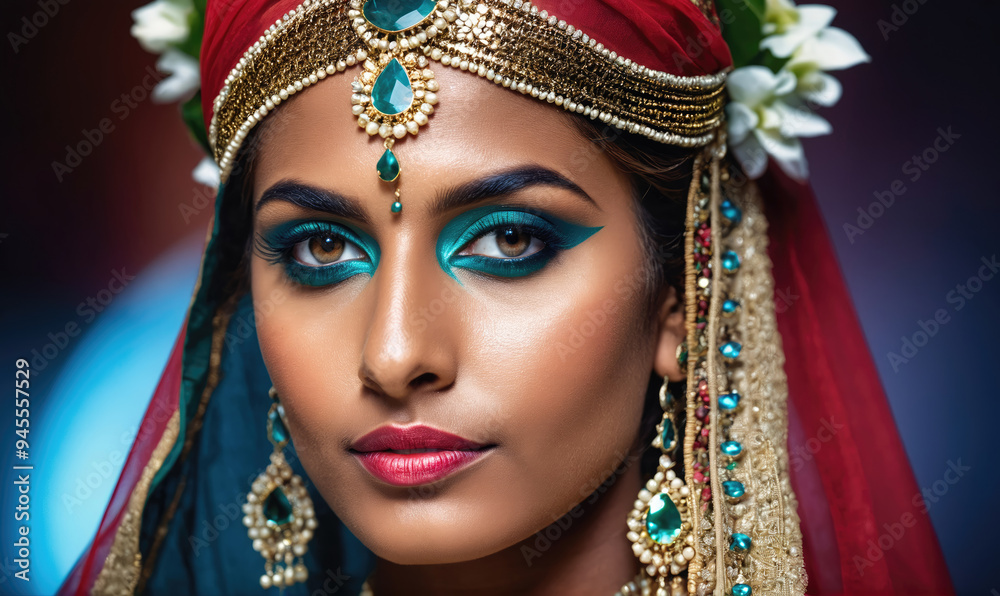 A woman in traditional Indian attire with intricate jewelry and vibrant makeup looks directly at the camera A woman in traditional Indian attire with intricate jewelry and vibrant makeup looks directly at the camera