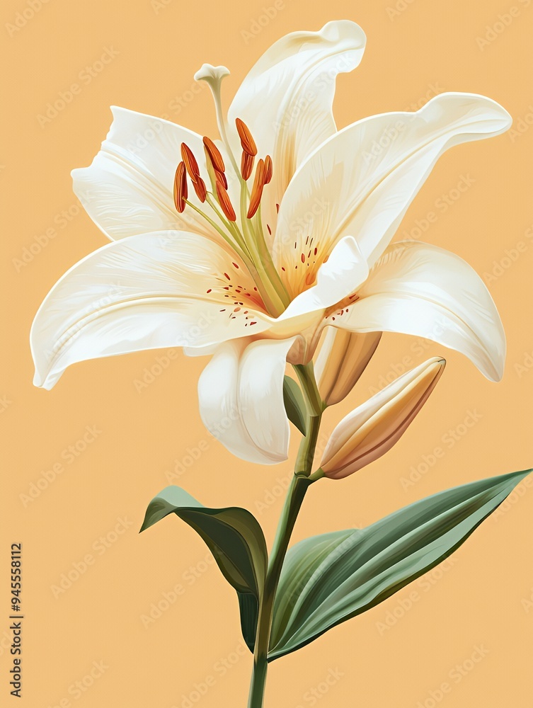 A detailed illustration of a white lily against a soft orange background. A detailed illustration of a white lily against a soft orange background.