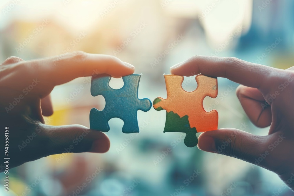 Two hands holding together two pieces of a jigsaw puzzle, representing teamwork and collaboration