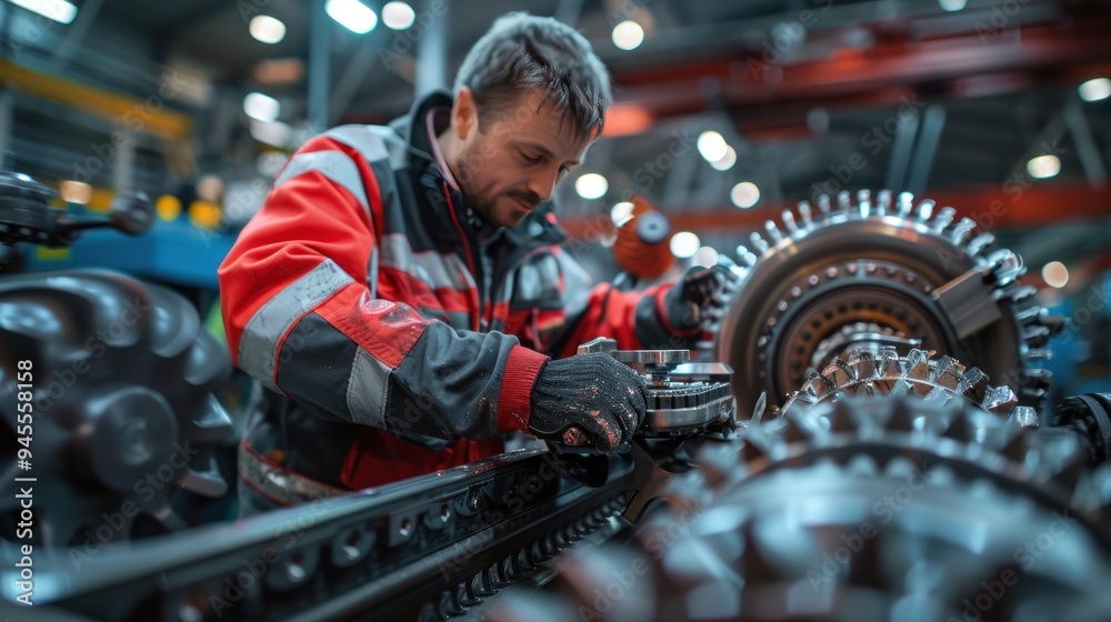 custom made wallpaper toronto digitala detailed view of a mechanic repairing the transmission of a tractor, focusing on the complexity of the internal components.