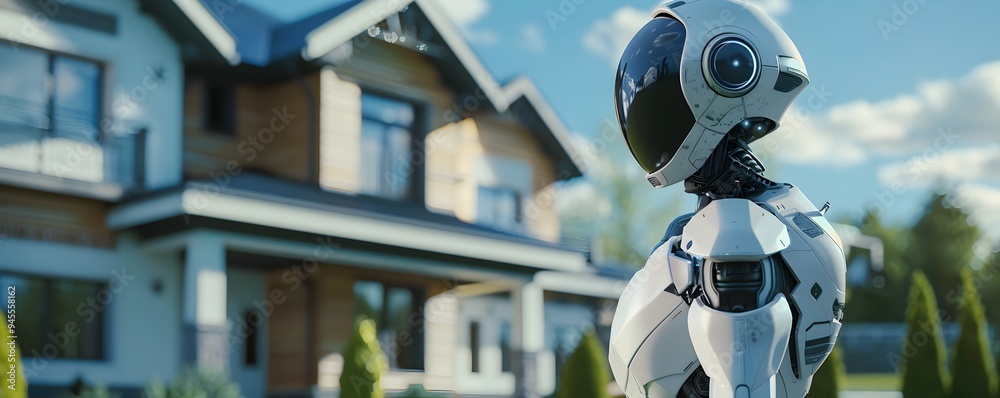 Futuristic Robot Guarding Suburban Home Representing Modern Insurance and Property Protection Futuristic Robot Guarding Suburban Home Representing Modern Insurance and Property Protection