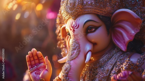 Stunning close-up of Lalbaugcha Raja Ganapati Bappa, radiating divine energy and peace during the Ganesh Chaturthi festival. photo