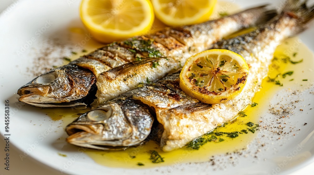 Grilled sea bream garnished with lemon slices, served on a white plate, showcasing its crispy skin and fresh, flavorful presentation. Grilled sea bream garnished with lemon slices, served on a white plate, showcasing its crispy skin and fresh, flavorful presentation.