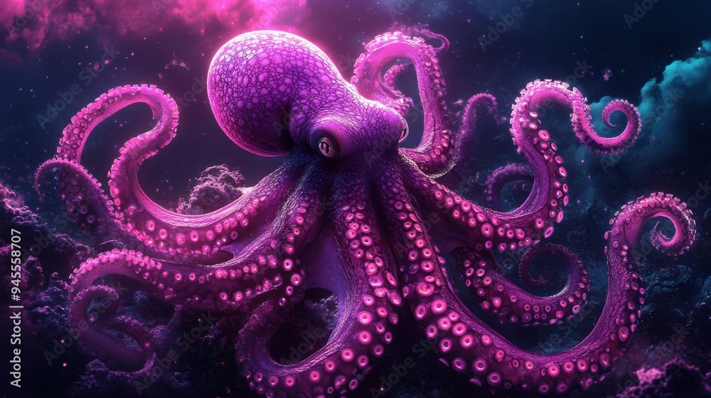 Surreal digital artwork of a pink octopus with glowing tentacles, creating a mesmerizing and otherworldly scene. Surreal digital artwork of a pink octopus with glowing tentacles, creating a mesmerizing and otherworldly scene.