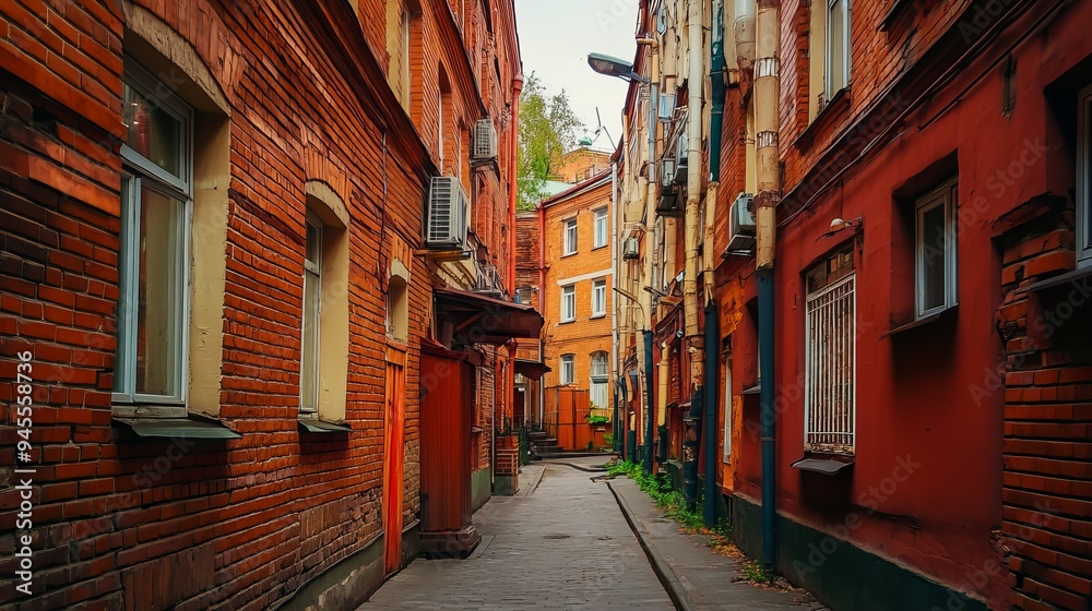 Fototapeta premium A narrow street in Moscow, Russia, flanked by red brick houses, capturing the charming and historic architecture of the area.
