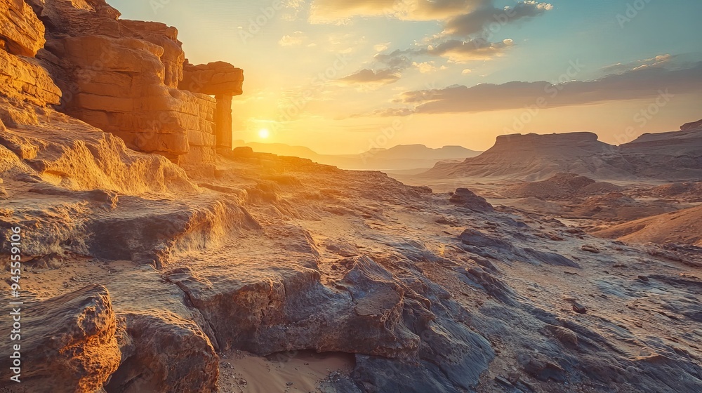 Obraz premium The Nabatean city ruins in Mamshit National Park bathed in the warm, golden light of sunset, highlighting the ancient stone structures and the dramatic desert landscape.