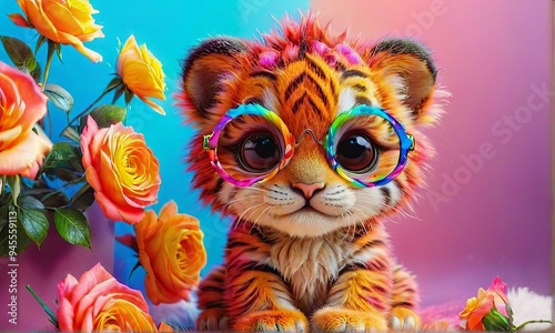 Cute Tiger Cub with Colorful Glasses