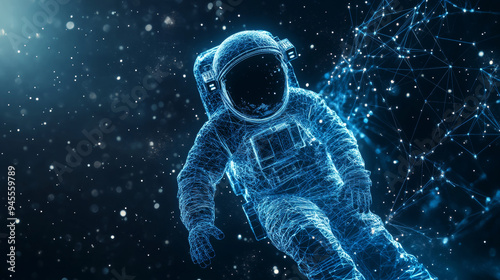 Abstract polygonal astronaut floating in outer space. A blue low-poly wireframe vector illustration set against a dark technology background. Features a starry sky with polygons, lines, particles. photo